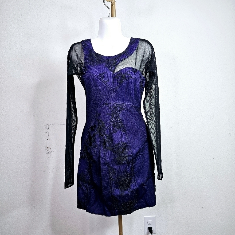 BCBGMaxAzria Mini Dress Mesh Long Sleeves Cut Outs Persian Blue Black